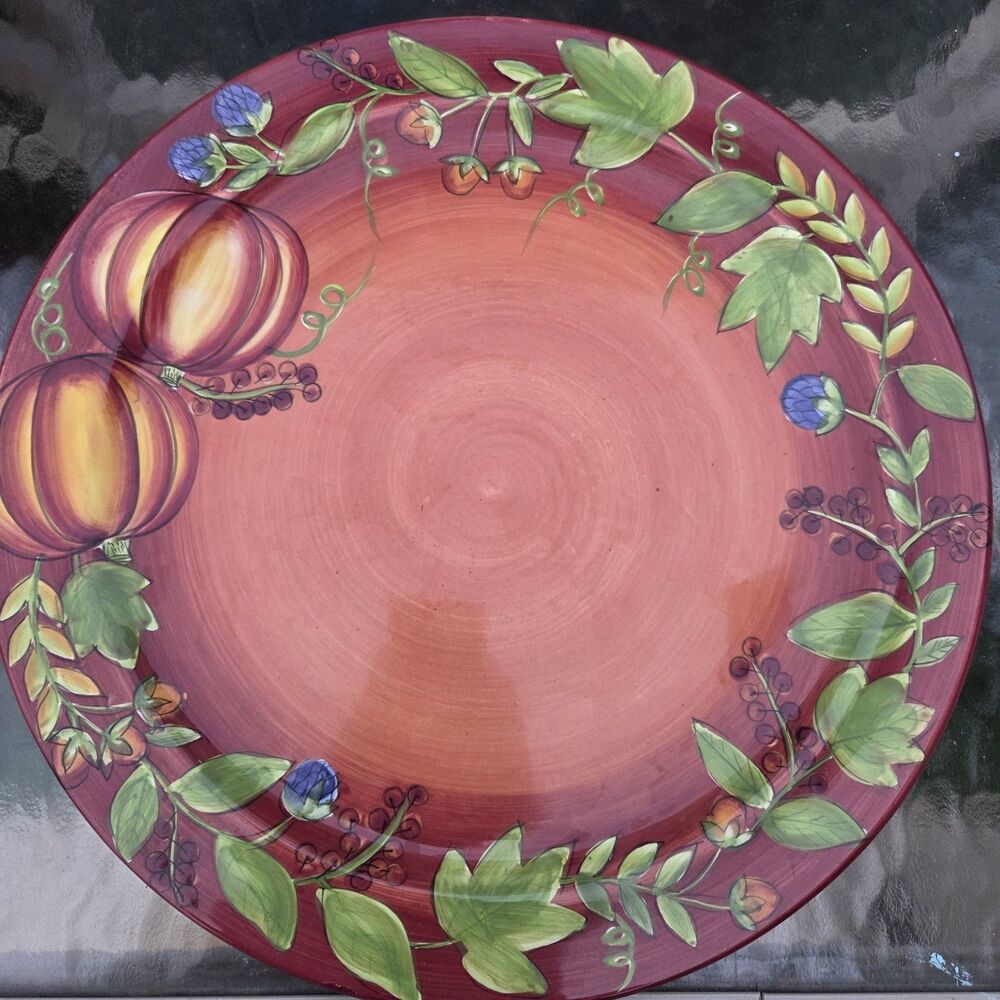 ​Gates Ware Laurie Gates Ceramic Round Platter 15 Inch Pumpkin Vine Red Orange​